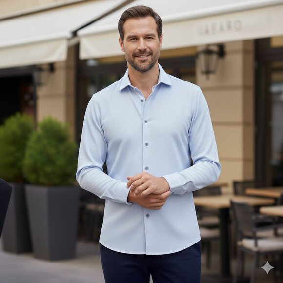 QUIETI Apparel - Modern Fit, Light Blue, Long Sleeve Men's Shirt - Picture 3 of 13